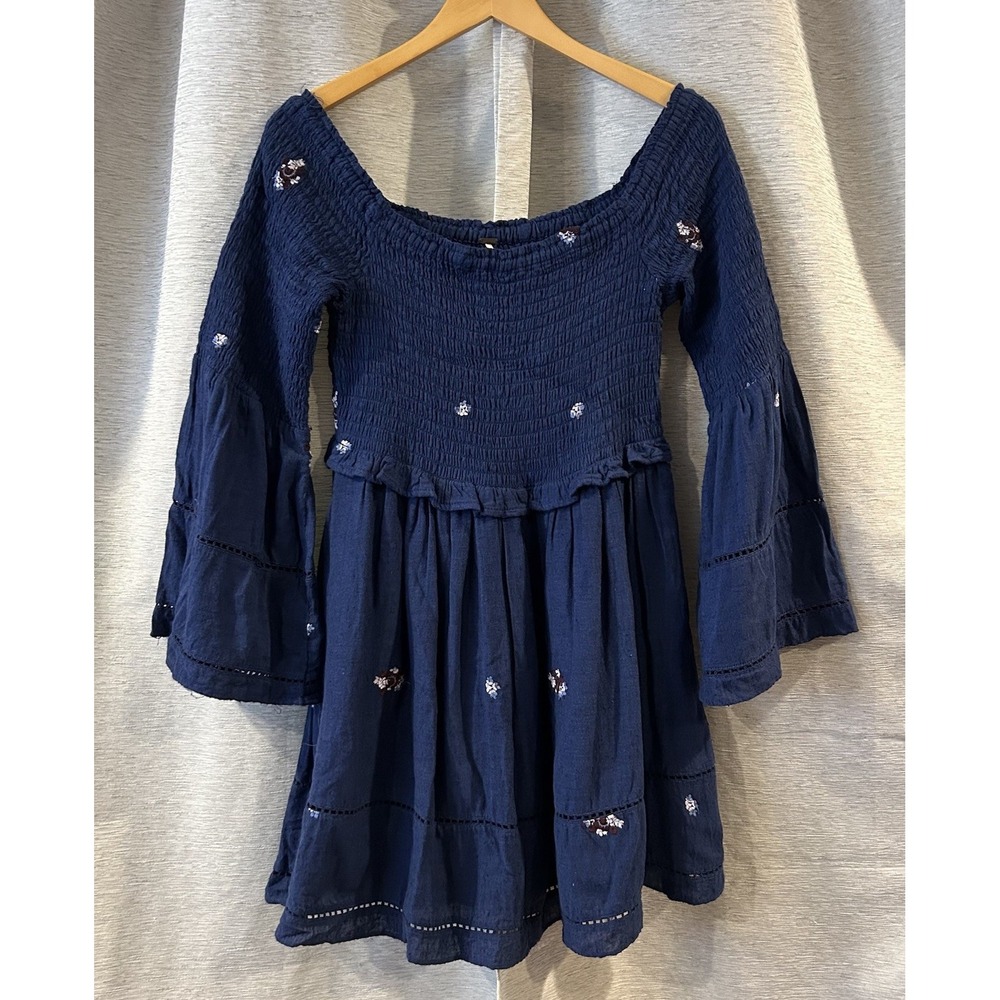 Free People Counting Daisies Blue Embroidered Off the Shoulder Dress Size Small